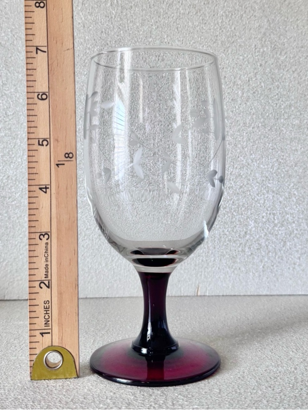 Set of 4 Maroon/Red Stem Iced Tea GOBLETS Princess House Heritage Etched Crystal - Picture 6 of 7
